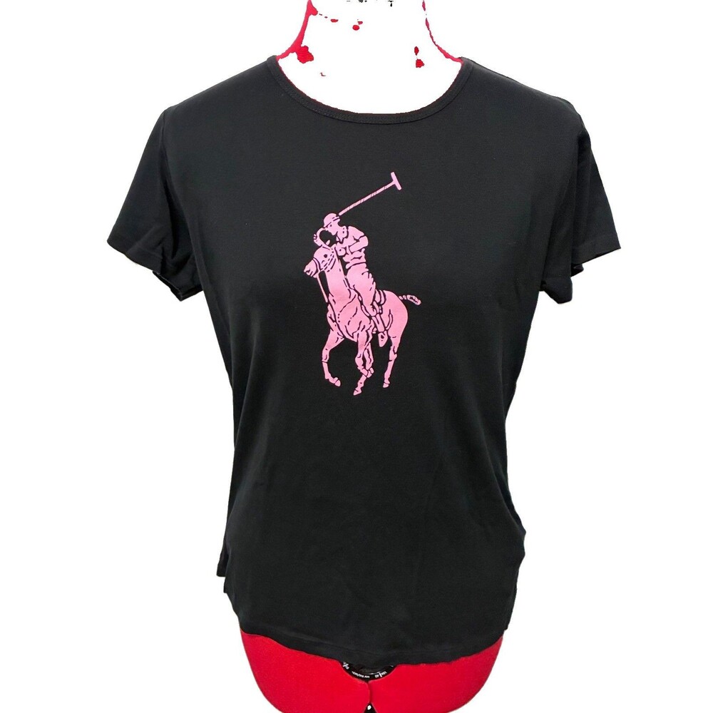Vintage Ralph Lauren Big Pink Pony Black 90s Rare T-shirt Size XL Made In USA